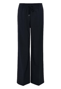 Pantalon large bleu marine avec taille élastique et cordon de serrage. Tissu lisse avec un design épuré, sans motifs ni accents visibles.