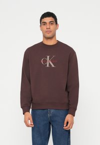 Hnědá mikina s kulatým výstřihem a žebrovanými manžetami, s výrazným světle šedým logem "cK" a červeným nápisem "Calvin Klein". Doplněná modrými džínami.