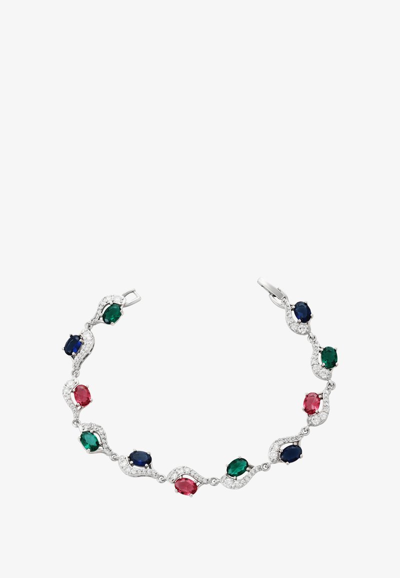Ezüst karkötő váltakozó ovális kék, zöld és piros drágakövekkel, mindegyik csillogó fehér kristály keretezésében, hullámos formában.