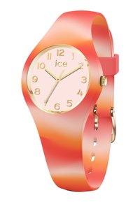 Orologio rotondo con quadrante rosa, lancette e numeri dorati. Cinturino a gradienti morbidi in tonalità di rosa e arancione, con chiusura e dettagli dorati.