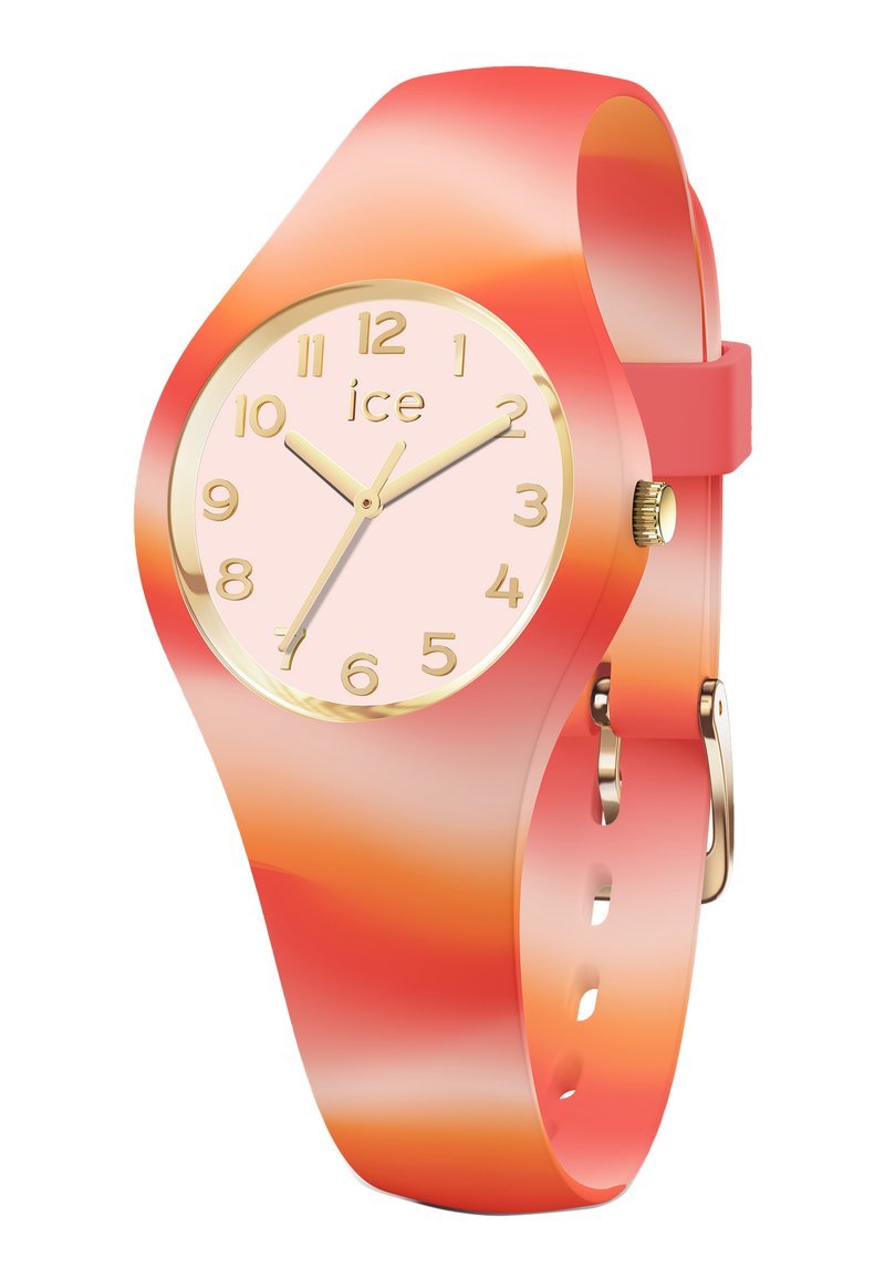 Orologio rotondo con quadrante rosa, lancette e numeri dorati. Cinturino a gradienti morbidi in tonalità di rosa e arancione, con chiusura e dettagli dorati.