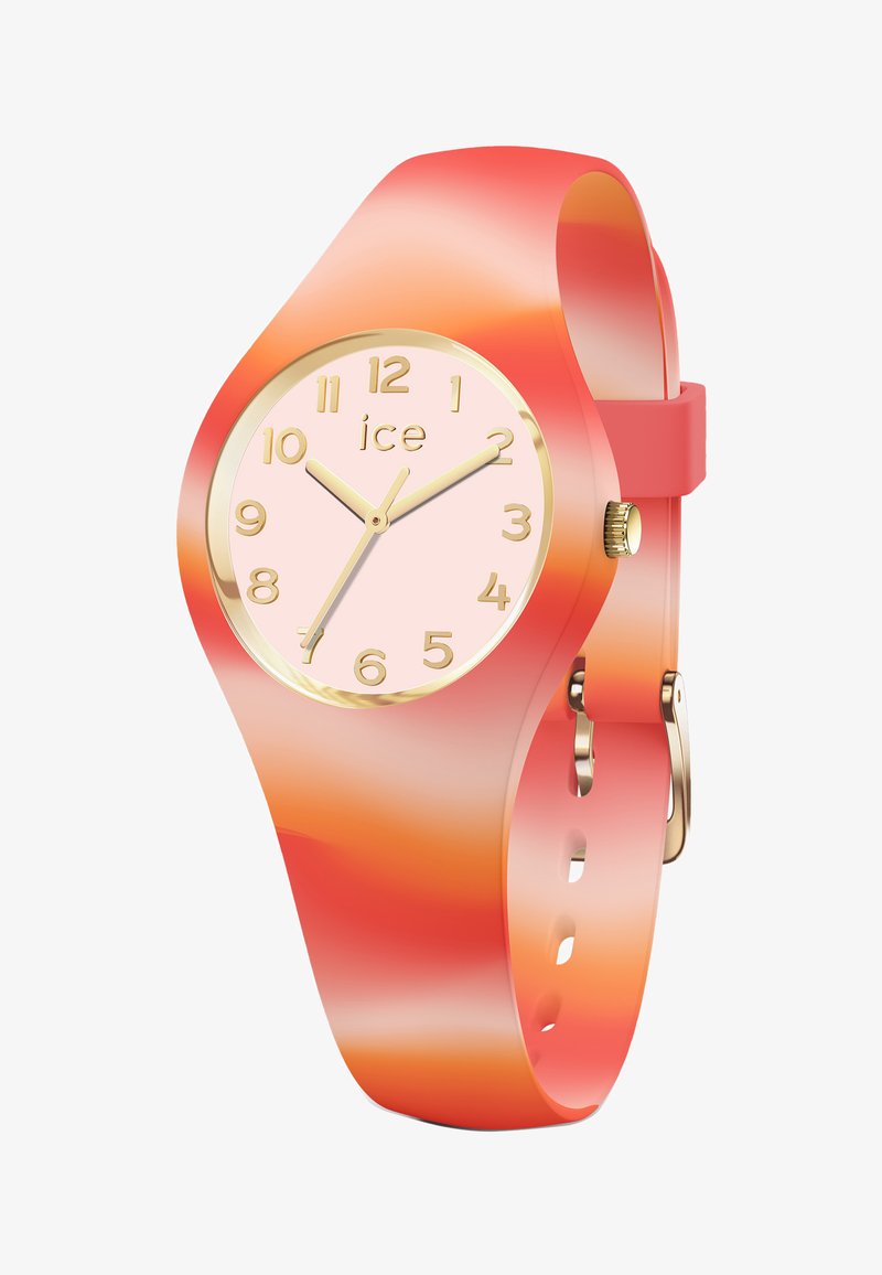 Orologio rotondo con quadrante rosa, lancette e numeri dorati. Cinturino a gradienti morbidi in tonalità di rosa e arancione, con chiusura e dettagli dorati.