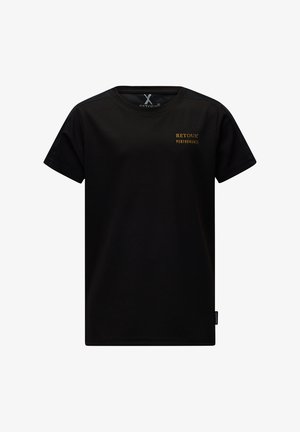 Schwarzes T-Shirt mit kurzen Ärmeln aus strukturiertem Stoff, mit einem orangefarbenen "RETOUR PERFORMANCE" Logo auf der Brust und einem klassischen Rundhalsausschnitt.