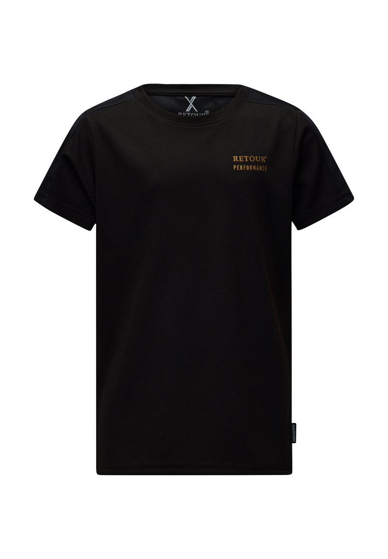 T-shirt nera a maniche corte realizzata in tessuto testurizzato, con un logo arancione "RETOUR PERFORMANCE" sul petto e un collo rotondo standard.