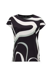 Czarna bluzka z krótkim rękawem z abstrakcyjnymi białymi i światłoszarymi falistymi wzorami, okrągłym dekoltem i luźnym krojem.