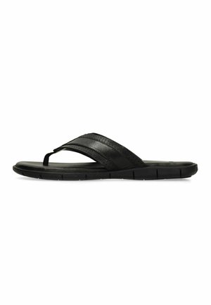 Black leather men's flip-flop sandal with wide cross straps and a textured sole, shown in side profile on a white background.