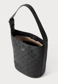 Black shoulder bag made of textured synthetic material, featuring a patterned exterior, top opening, and a logo accent. Interior lined in light fabric.