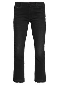 Jean en denim noir avec une coupe slim, taille mi-haute, fermeture à bouton et à zip, poches avant et arrière, et bords brut.