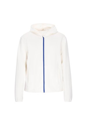 Witte hoodie met een rits aan de voorkant en blauwe accenten. Het heeft lange sleeves, een verstelbare capuchon en zijzakken. Soepele textuur.