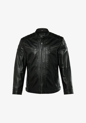 Zwarte leren jas met een staande kraag, schouderaccenten, twee ritsborstzakken en zijzakken met rits, met een gladde textuur.