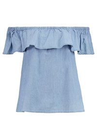 Světle modrý top bez ramínek vyrobený z denimové látky, s volánkovým výstřihem a pohodlným střihem, krátkými rukávy a rovným spodním okrajem.