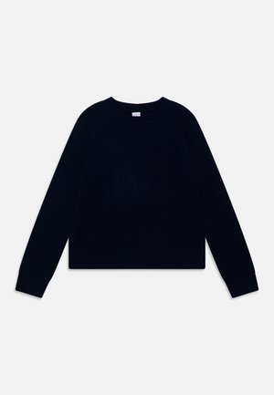 Mørkeblå strikket genser med rund hals, lange ermer, ribbede mansjetter og kant. Myk tekstur, avslappet passform, minimalistisk design.
