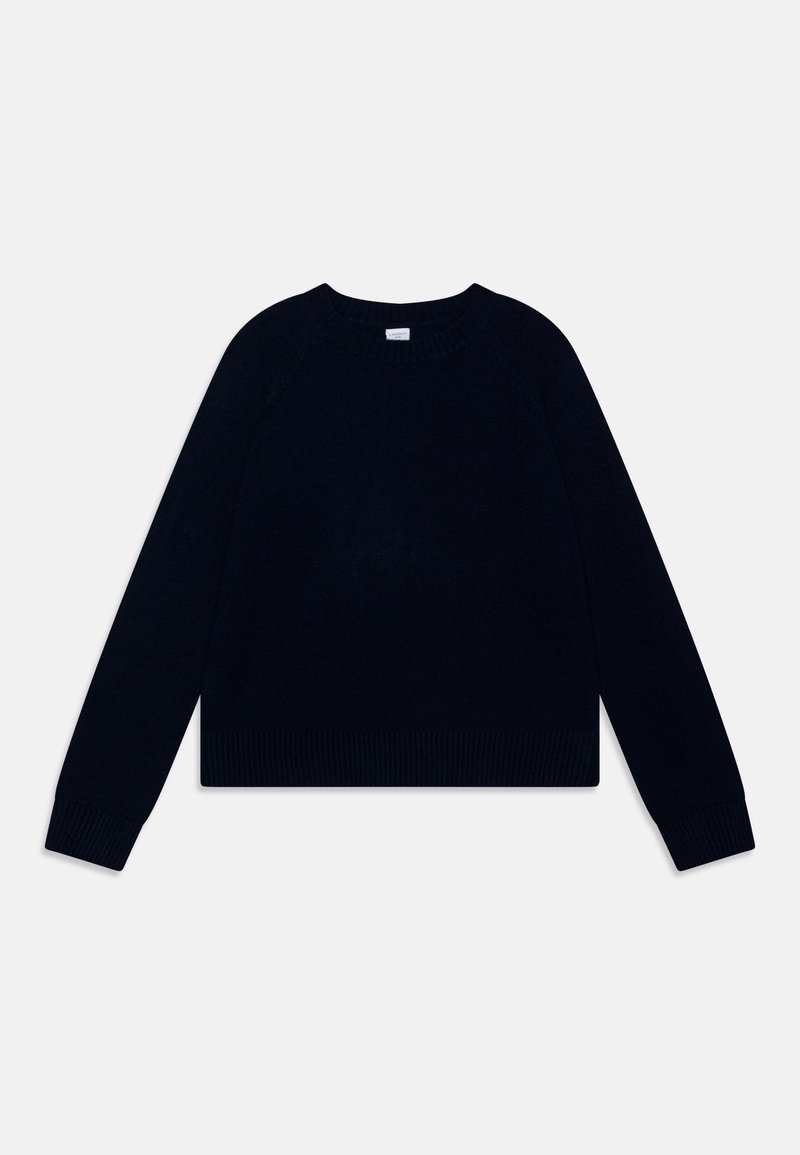 Mörkblå stickad tröja med rund halsringning, långa ärmar och ribbade muddkanter och nederkant. Mjuk textur, avslappnad passform, minimalistisk design.
