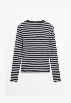 Maglietta a maniche lunghe a righe marroni e azzurro chiaro con scollo rotondo. Tessuto morbido, taglio dritto, spacchi laterali all'orlo.