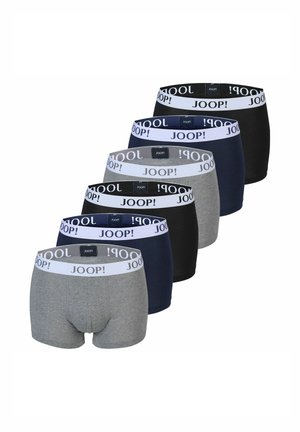 Sechs Paar Herren-Boxershorts in Grau, Navy und Schwarz mit weißen elastischen Bundbändern, bedruckt mit "JOOP!" in schwarzer und grauer Schrift.