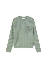 Suéter de punto trenzado verde claro con un pequeño perro marrón bordado y el texto "BROWNIE" en el pecho, puños acanalados y dobladillo.