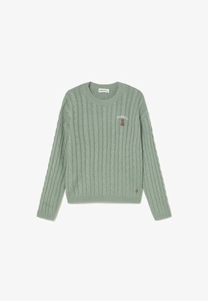 Suéter de punto trenzado verde claro con un pequeño perro marrón bordado y el texto "BROWNIE" en el pecho, puños acanalados y dobladillo.