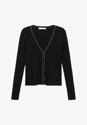 Crni rebrasti kardigan s dubokim V-izrezom, dugim rukavima, bijelim rubom oko izreza i s šest gumba za zatvaranje sprijeda.