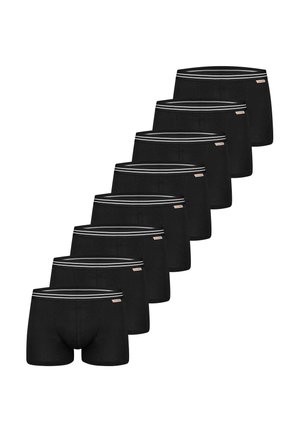 Osiem czarnych męskich bokserek z białymi paskami na pasie, ułożonych w przesuniętym rzędzie na białym tle.