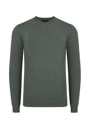 Sweter z długim rękawem w serek w ciemnozielonym kolorze. Wykonany z miękkiej dzianiny z prążkowanymi mankietami i dołem. Charakteryzuje się gładką, jednolitą teksturą.