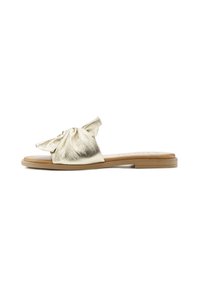 Gold metallic slide sandal with a bow detail on the upper, flat sole, and a smooth texture. Features a light brown outsole.
