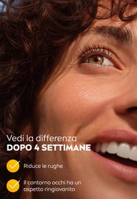 Primo piano di un volto con pelle luminosa, contorni facciali pronunciati e capelli ricci e marroni. Include un testo che evidenzia le affermazioni sul miglioramento della pelle.
