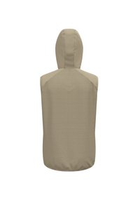 Beige sleeveless vest with a hood, featuring a textured fabric with a grid pattern on the back and smooth material on the shoulders.