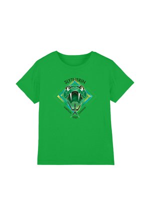 Green t-shirt featuring a stylized snake head, with "Slytherin," "Ambition," "Pride," and "Cunning" text arranged around the design.