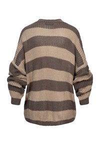 Stripete genser med løs passform, som har vekslende mørkebrune og beige striper, teksturert strikket stoff og brede ermer.