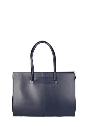 Borsa tote in pelle blu navy con due manici robusti, una base piatta e una texture liscia. Presenta un design minimalista senza hardware visibile.