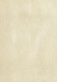 Beige stof met een gestructureerd oppervlak met continue, met elkaar verweven lijnpatronen die de woorden "RAG WEAR GEAR" vormen.