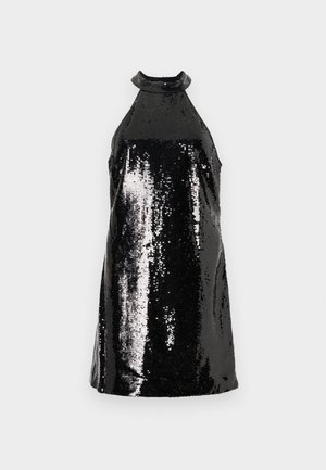 Schwarzes Halterkleid aus Paillettenstoff mit taillierter Silhouette und hohem Ausschnitt, das das Licht mit glänzenden Texturen reflektiert.