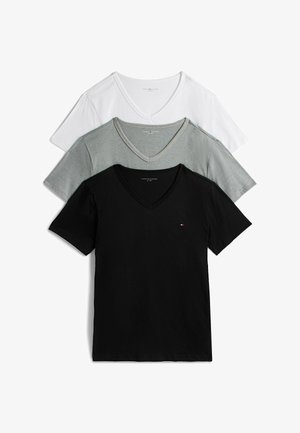 Pack of three V-neck t-shirts in black, gray, and white. Made of cotton with short sleeves and minimalist branding on the chest.