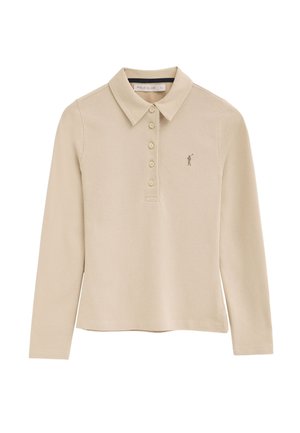 Beige polo met lange mouwen, vijf knopen aan de voorkant, een puntige kraag en een klein geborduurd golfer-logo op de linkerborst.