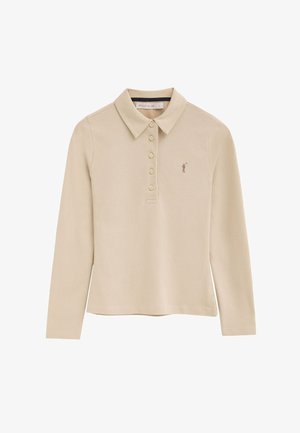 Beige polo met lange mouwen, vijf knopen aan de voorkant, een puntige kraag en een klein geborduurd golfer-logo op de linkerborst.