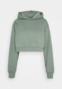 Felpa corta verde salvia con maniche lunghe, polsini a coste e cappuccio, mostrata su sfondo bianco.