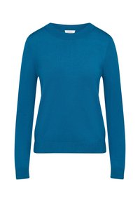 Turkusowy sweter, okrągły dekolt, długie rękawy, ściągacze na rękawach i na dole, gładka faktura, bez wzorów i akcentów, minimalistyczny design.