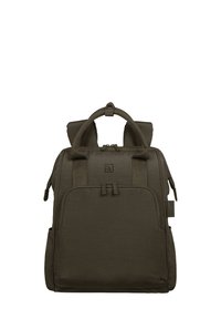 Zaino in tessuto marrone scuro con tasca frontale con zip, doppie maniglie per il trasporto, spallacci e piccolo patch con logo sul fronte.