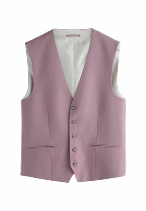 Bezrukávová fialovo-rôzová vesta s piatimi gombíkmi vpredu a dvoma horizontálnymi vreckami so zvislými štrbinami, podšitá svetlošedou látkou.
