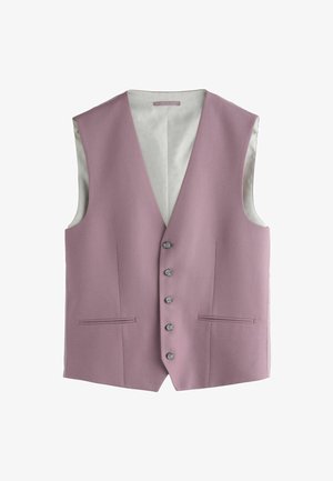 Ujjatlan mályva mellény az elején öt gombbal és két vízszintes sliccelt zsebbel, világosszürke béléssel.