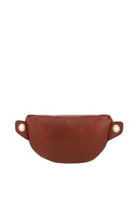 Pochette marrone con texture e forma curva, presenta una zip dorata a contrasto e hardware a occhio, realizzata in materiale sintetico.