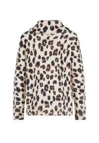 Leopardenmuster-Pullover in Creme, mit schwarzen und braunen Punkten. Weicher Stoff, lange Ärmel und ein Kragen. Rückansicht gezeigt.