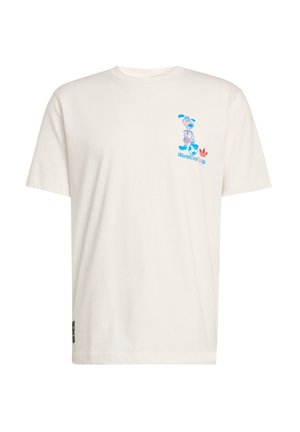 White short-sleeve T-shirt with blue and red World Cup USA 94 logo and cartoon dog mascot holding a soccer ball on the chest.