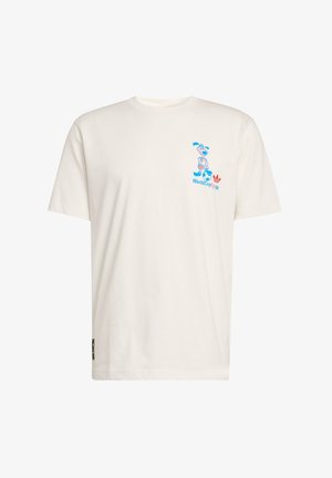 Weißes kurzärmeliges T-Shirt mit blauem und rotem World Cup USA 94-Logo und einem Cartoon-Hund-Maskottchen, das einen Fußball auf der Brust hält.