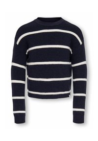 Granatowy sweter w białe poziome paski. Prążkowana faktura, okrągły dekolt i krótki krój z długimi rękawami. Miękka dzianinowa tkanina.