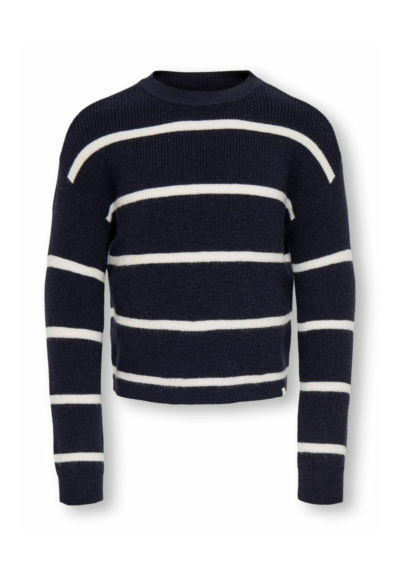 Granatowy sweter w białe poziome paski. Prążkowana faktura, okrągły dekolt i krótki krój z długimi rękawami. Miękka dzianinowa tkanina.