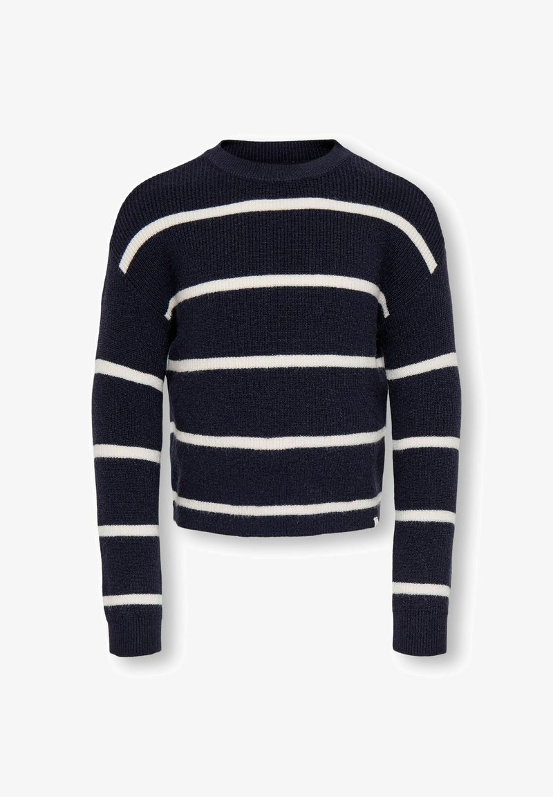 Maglione blu navy con righe orizzontali bianche. Texture a coste, collo tondo e design corto con maniche lunghe. Tessuto in morbido maglia.