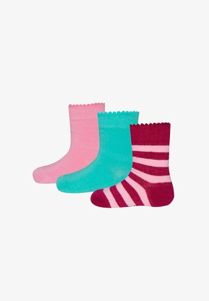 Three pairs of socks: one pink, one turquoise, and one burgundy with white stripes. Each sock has a scalloped top and a smooth texture.