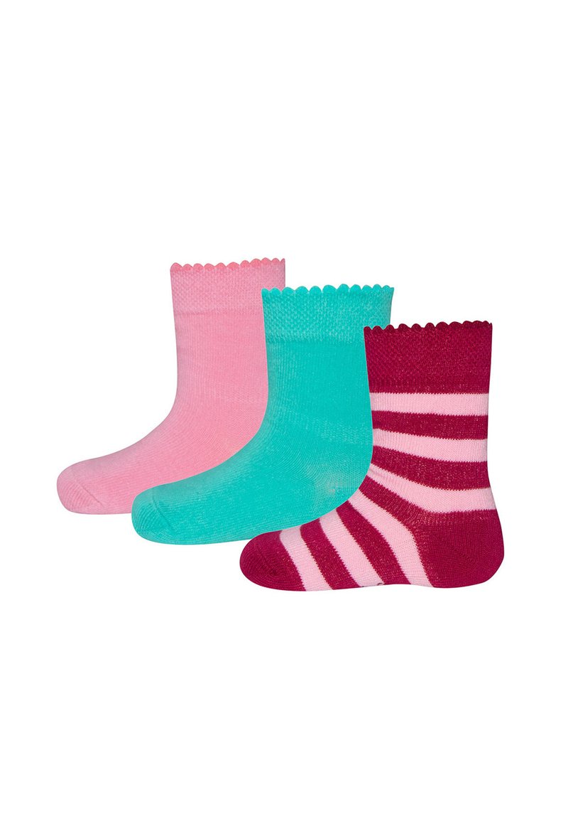 Three pairs of socks: one pink, one turquoise, and one burgundy with white stripes. Each sock has a scalloped top and a smooth texture.