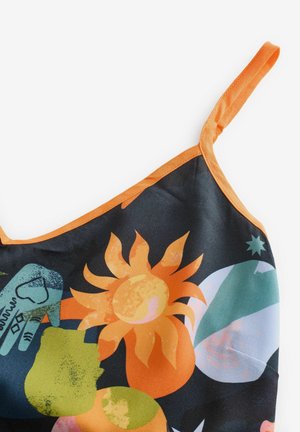 Vícebarevný tílko s oranžovým lemem, zdobené květinovým a abstraktním vzorem na černém pozadí. Tenké ramínka.